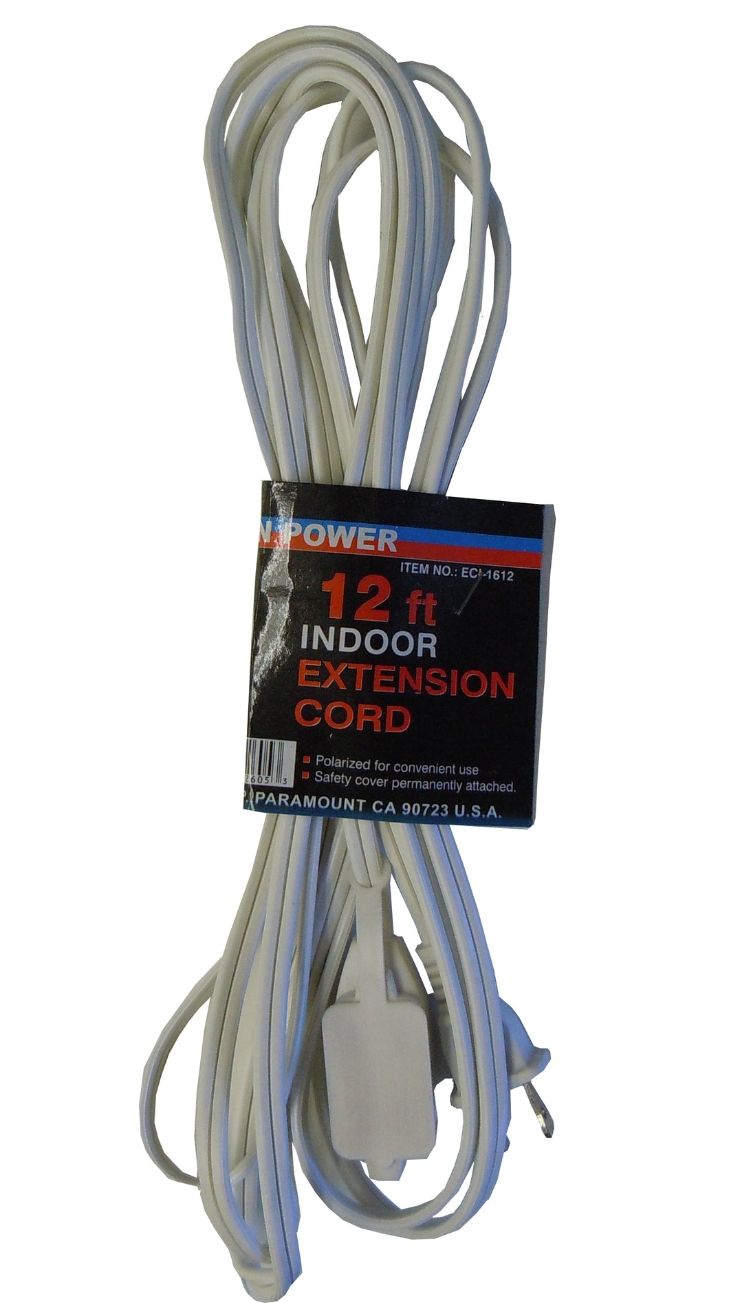 12' Extension Cord, 16 Gauge 2 Wire, With 3 Outlet Power Tap