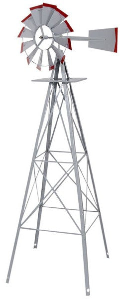 8ft Decorative Windmill Silver with Red Accents, Lawn Decor