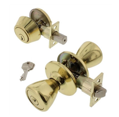 Entry Door Lock Set, Door Handle and Deadbolt Polished Brass