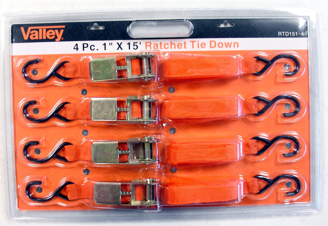 Valley 4 Pack 15ft x 1 Inch Ratcheting Tie Down Ratchet Strap