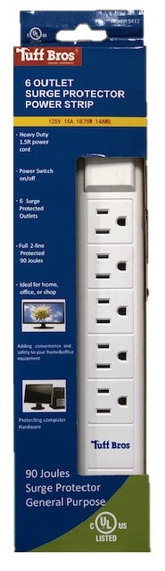 24pc Power Strip 6 Outlets 1.5' Cord 90 Joules Surge Protection