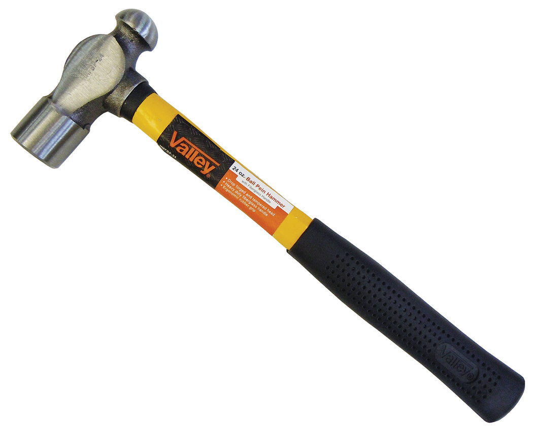 24oz Ball Peen Hammer with Fiberglass Handle & Rubber Grip