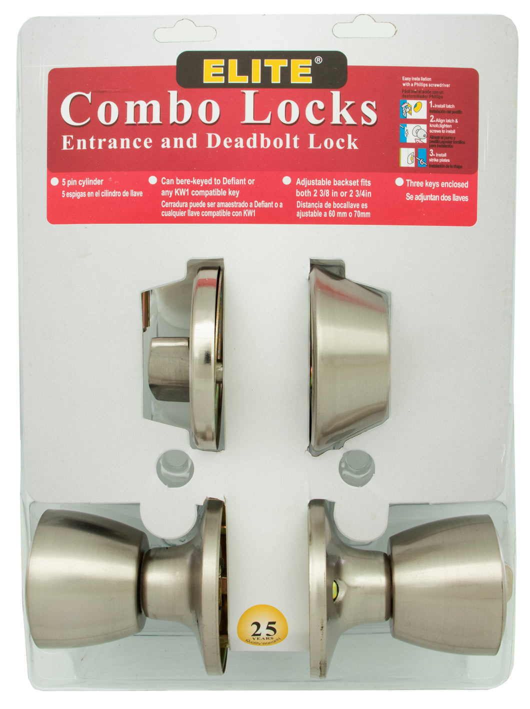 Combo Lockset Entry Door Lock & Deadbolt Satin Nickel Finish 3 Keys