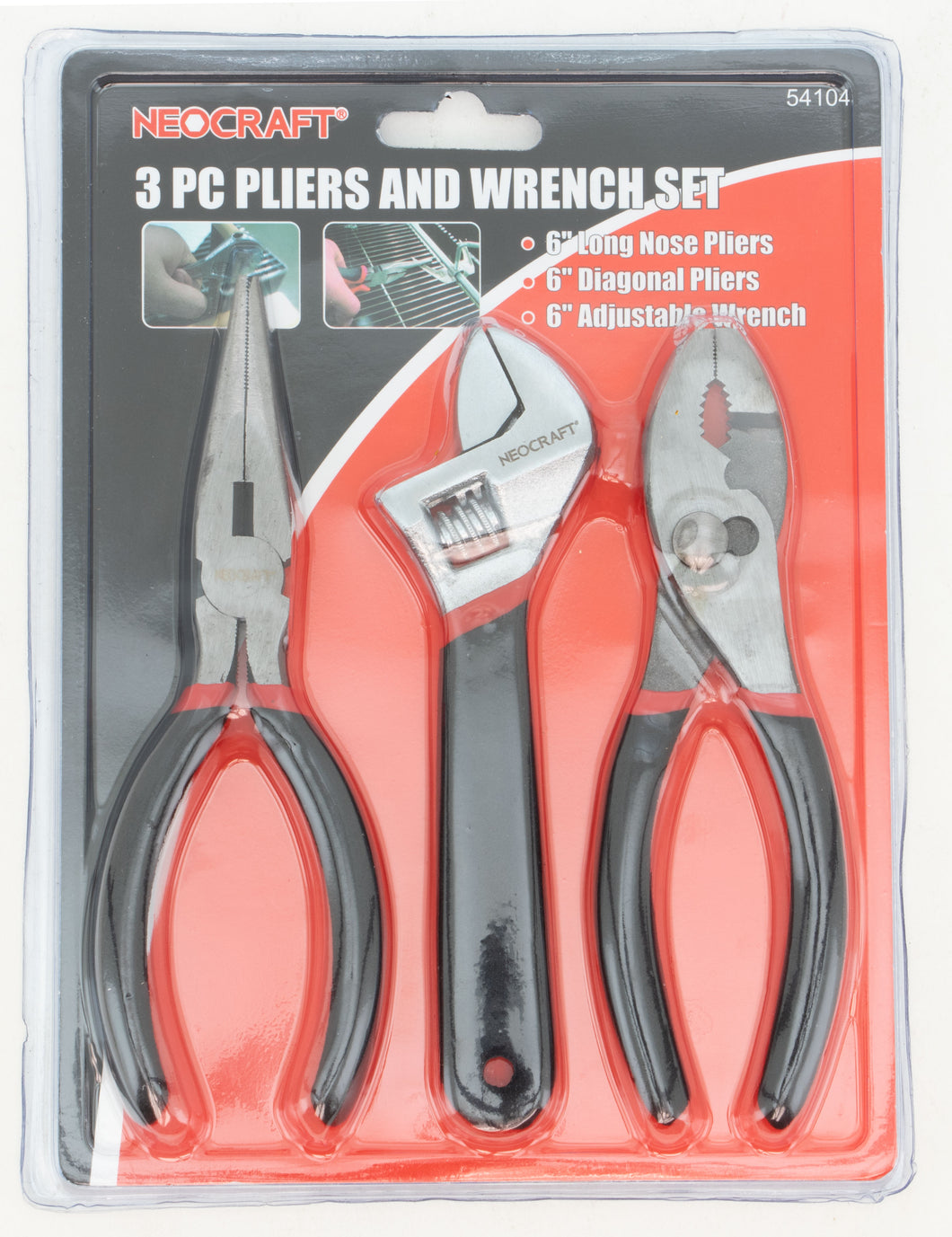 Neocraft 3pc Plier & Wrench Set Adjustable Wrench Slip Joint & Needle Nose Pliers