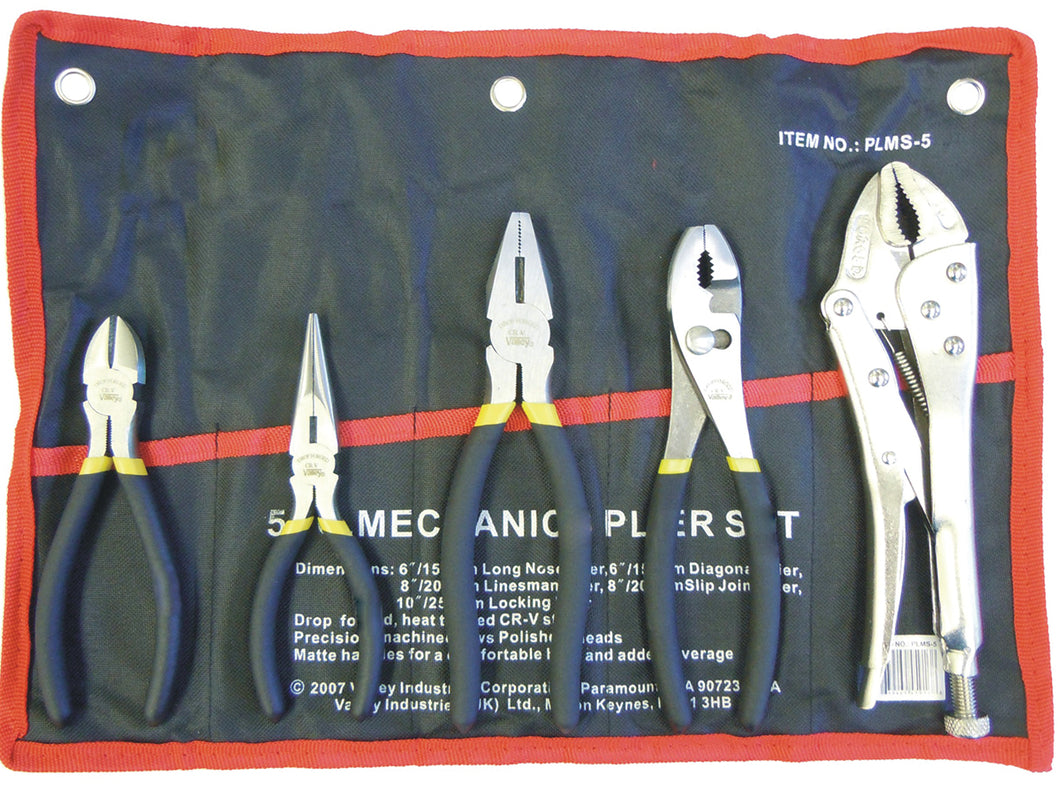 5pc Pliers Set, Locking Grip, Joint, Linesman, Long Nose, Diagonal Pliers